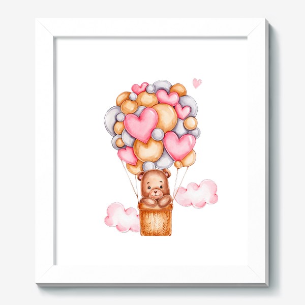 Картина «Мишка летит на воздушном шаре с сердечками. С Днем всех влюбленных!»