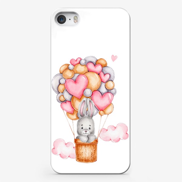Чехол iPhone «Зайка летит на воздушном шаре с сердечками. С Днем всех влюбленных!»