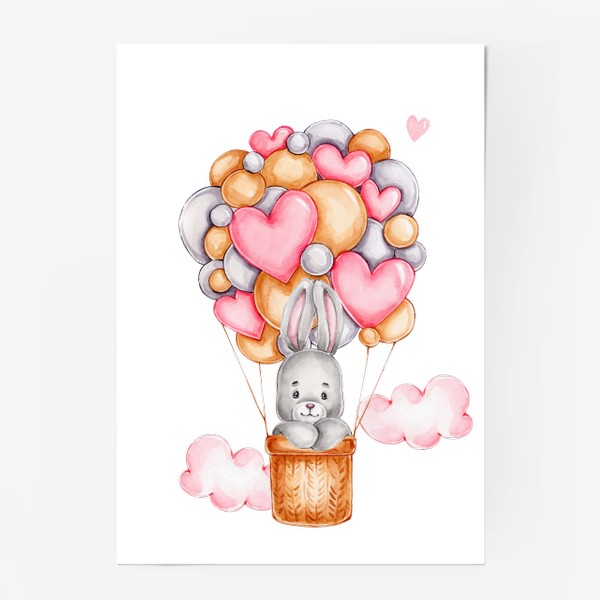 Постер «Зайка летит на воздушном шаре с сердечками. С Днем всех влюбленных!»