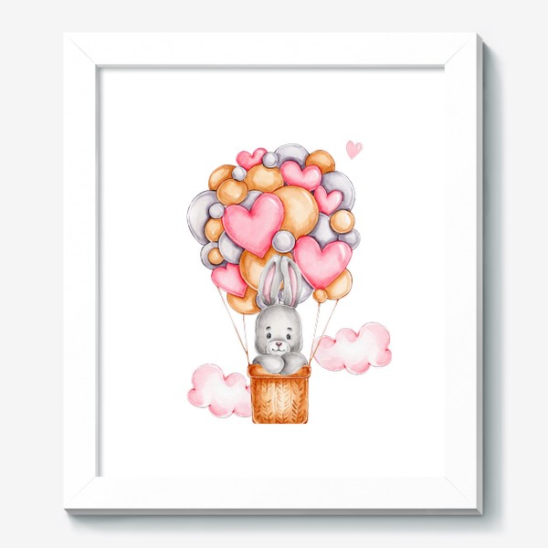 Картина «Зайка летит на воздушном шаре с сердечками. С Днем всех влюбленных!»