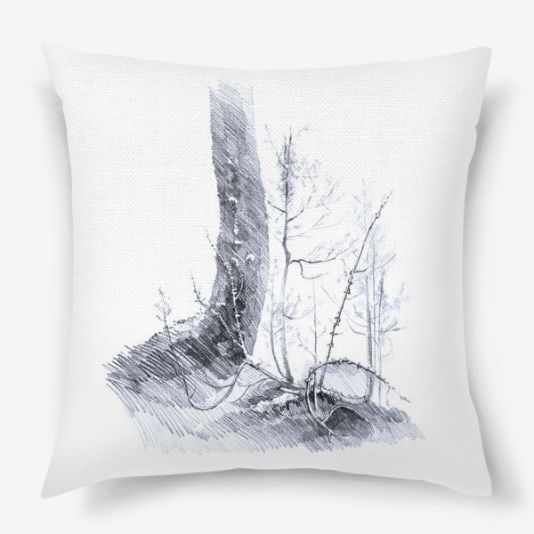 Подушка &laquo;Нарисованная вручную карандашом лесная иллюстрация, ствол дерева. куст можжевельника, ветки, корни, кочка&raquo;