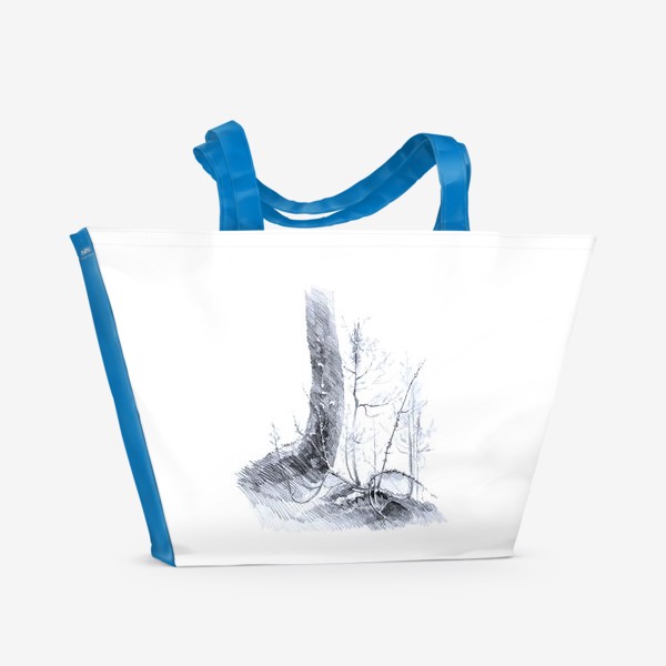 Пляжная сумка &laquo;Нарисованная вручную карандашом лесная иллюстрация, ствол дерева. куст можжевельника, ветки, корни, кочка&raquo;