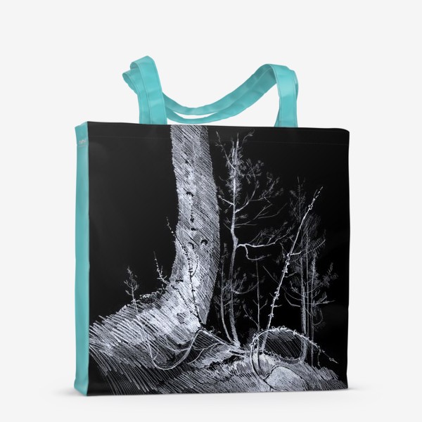 Сумка-шоппер «Нарисованная вручную карандашом лесная иллюстрация, ствол дерева. куст можжевельника, ветки, корни, кочка. Черный фон»