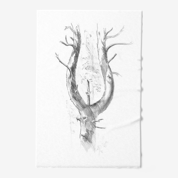 Полотенце &laquo;Нарисованная вручную карандашом лесная иллюстрация, раздвоенный ствол дерева, сосна, кора&raquo;