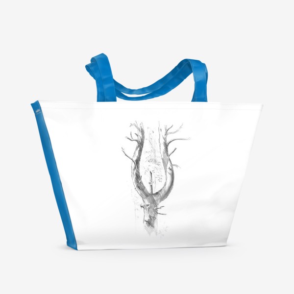 Пляжная сумка &laquo;Нарисованная вручную карандашом лесная иллюстрация, раздвоенный ствол дерева, сосна, кора&raquo;