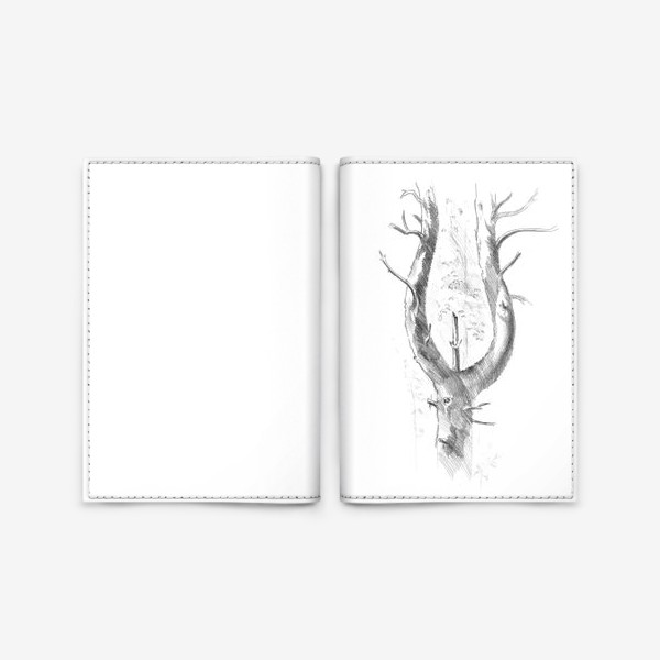 Обложка для паспорта «Нарисованная вручную карандашом лесная иллюстрация, раздвоенный ствол дерева, сосна, кора»