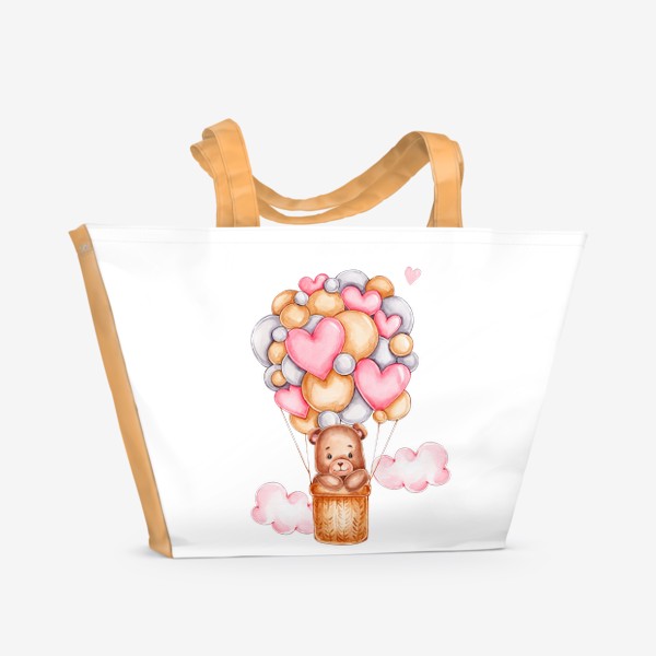 Пляжная сумка «Мишка летит на воздушном шаре с сердечками. С Днем всех влюбленных!»