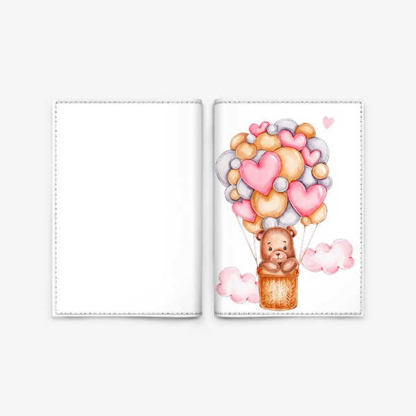 Обложка для паспорта «Мишка летит на воздушном шаре с сердечками. С Днем всех влюбленных!»