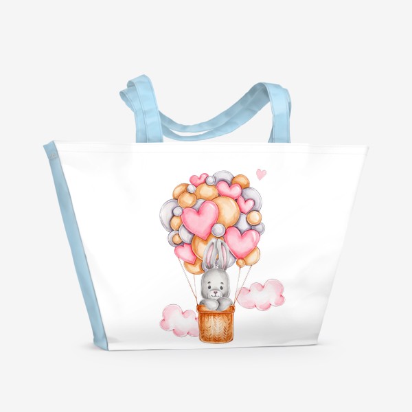 Пляжная сумка «Зайка летит на воздушном шаре с сердечками. С Днем всех влюбленных!»