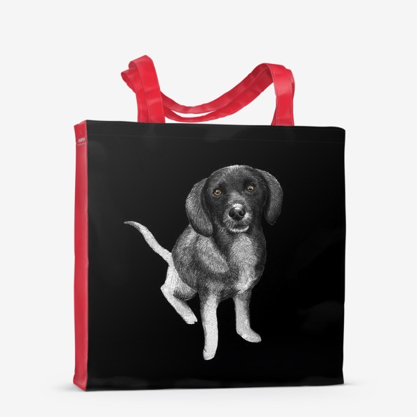 Сумка-шоппер «Щенок. Рисунок собаки карандашом. Черный фон»