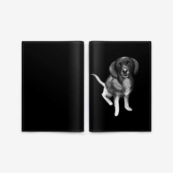 Обложка для паспорта «Щенок. Рисунок собаки карандашом. Черный фон»