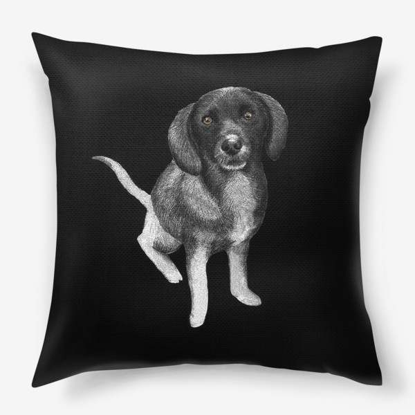 Подушка «Щенок. Рисунок собаки карандашом. Черный фон»