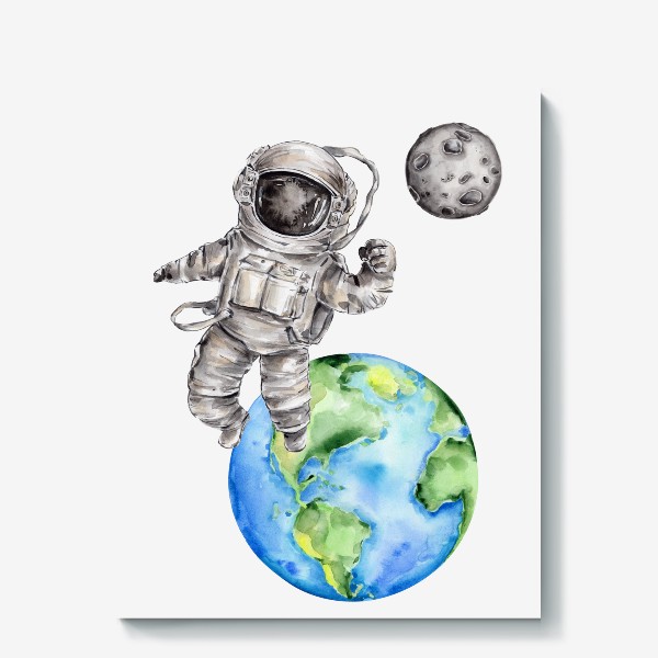 Холст «Космонавт летит на Луну. Акварельная иллюстрация»