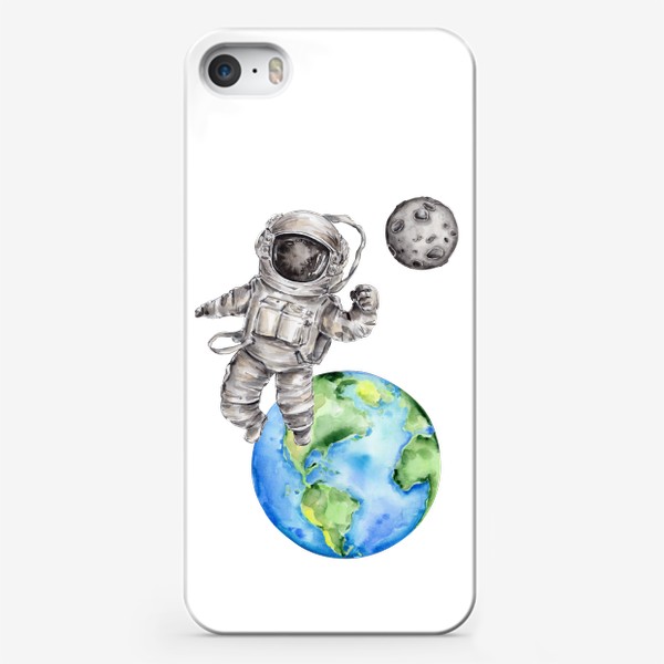 Чехол iPhone «Космонавт летит на Луну. Акварельная иллюстрация»