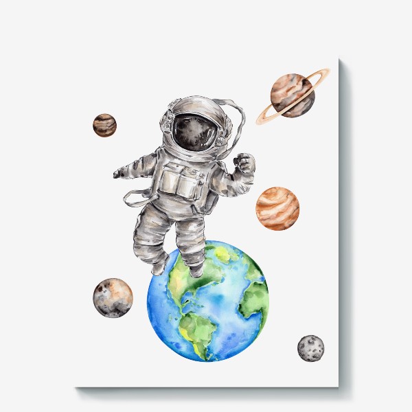 Холст &laquo;Астронавт в открытом космосе среди планет. Акварельная иллюстрация&raquo;