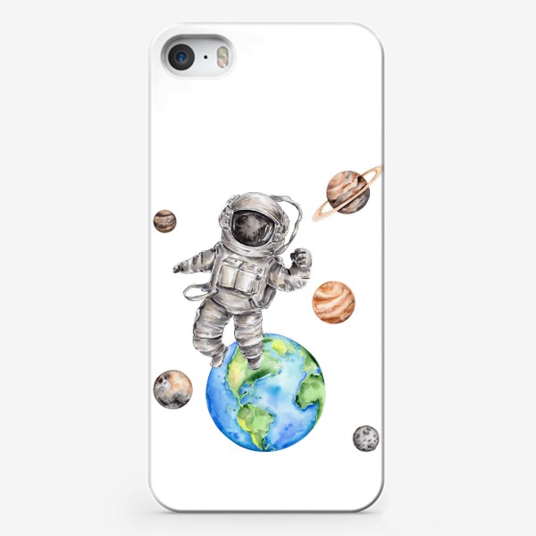 Чехол iPhone «Астронавт в открытом космосе среди планет. Акварельная иллюстрация»