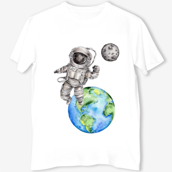 Футболка «Космонавт летит на Луну. Акварельная иллюстрация»