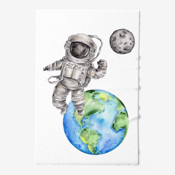 Полотенце «Космонавт летит на Луну. Акварельная иллюстрация»
