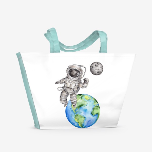 Пляжная сумка «Космонавт летит на Луну. Акварельная иллюстрация»
