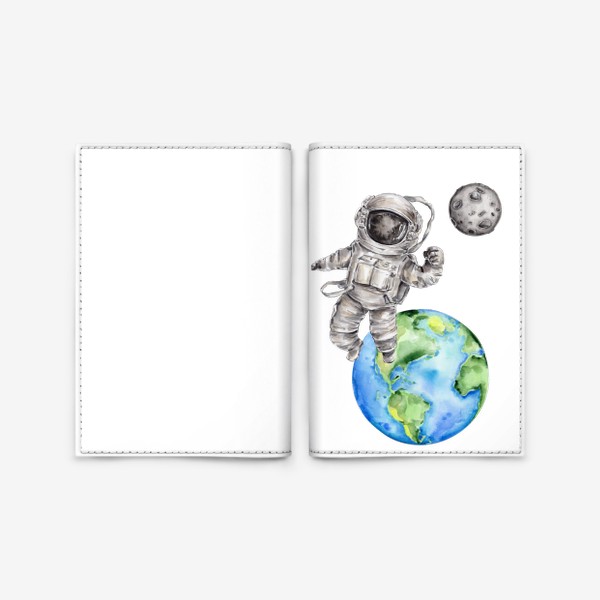 Обложка для паспорта «Космонавт летит на Луну. Акварельная иллюстрация»