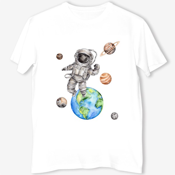 Футболка &laquo;Астронавт в открытом космосе среди планет. Акварельная иллюстрация&raquo;