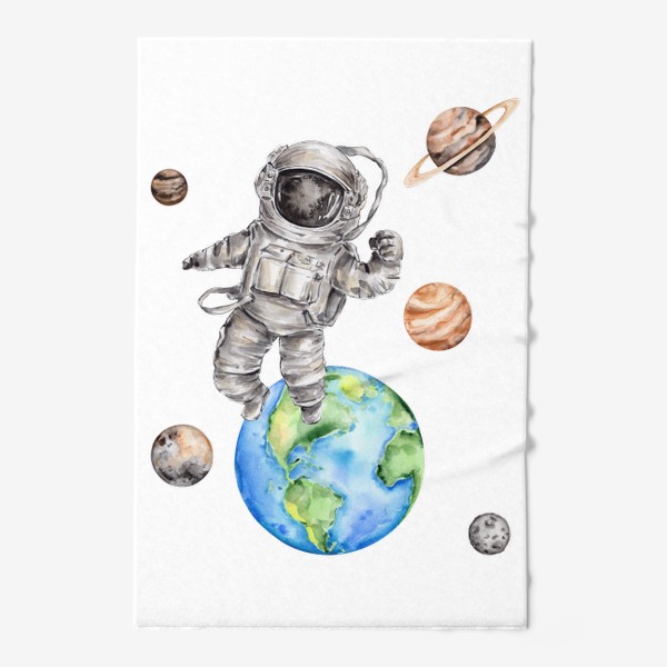 Полотенце «Астронавт в открытом космосе среди планет. Акварельная иллюстрация»