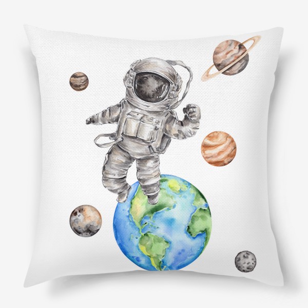 Подушка &laquo;Астронавт в открытом космосе среди планет. Акварельная иллюстрация&raquo;