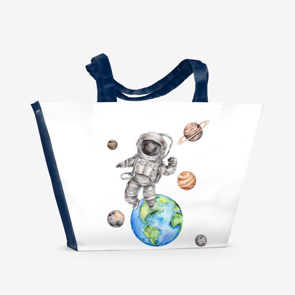 Пляжная сумка «Астронавт в открытом космосе среди планет. Акварельная иллюстрация»