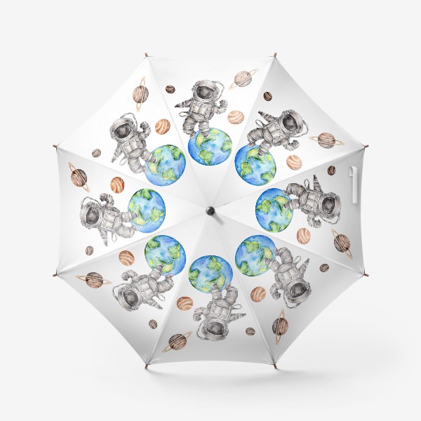 Зонт «Астронавт в открытом космосе среди планет. Акварельная иллюстрация»
