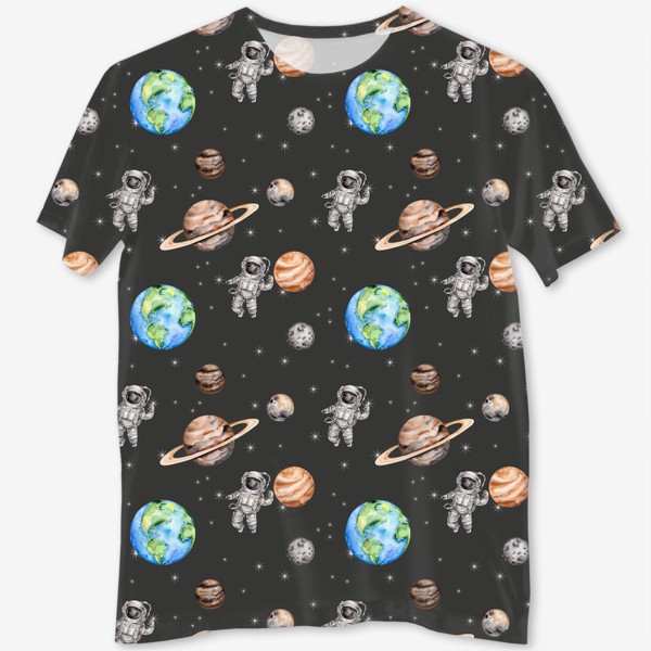 Футболка с полной запечаткой «Паттерн: открытый космос, планеты, звезды, космонавт.»