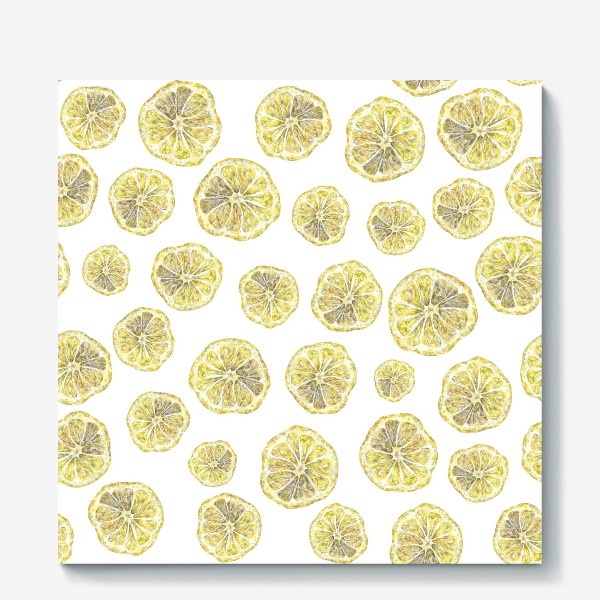 Холст &laquo;Акварельный нарисованный вручную бесшовный фон с яркими иллюстрациями ломтиков желтых лимонов. Круглые срезы, цитрус&raquo;