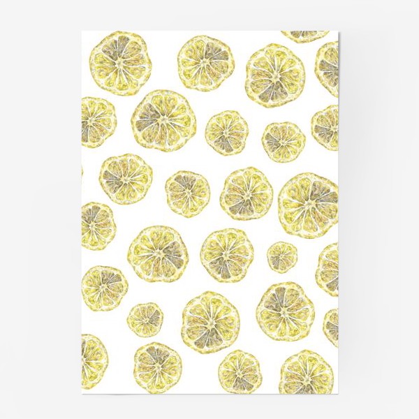Постер «Акварельный нарисованный вручную бесшовный фон с яркими иллюстрациями ломтиков желтых лимонов. Круглые срезы, цитрус»