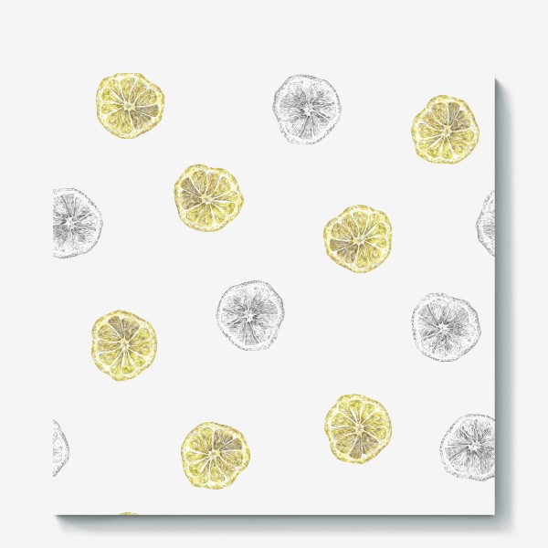 Холст «Акварельный нарисованный вручную бесшовный фон с яркими иллюстрациями ломтиков желтых лимонов. Круглые срезы, цитрус»