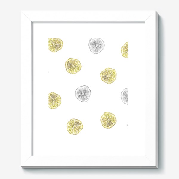 Картина «Акварельный нарисованный вручную бесшовный фон с яркими иллюстрациями ломтиков желтых лимонов. Круглые срезы, цитрус»