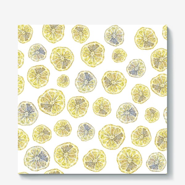 Холст «Акварельный нарисованный вручную бесшовный фон с яркими иллюстрациями ломтиков желтых лимонов. Круглые срезы, цитрус»