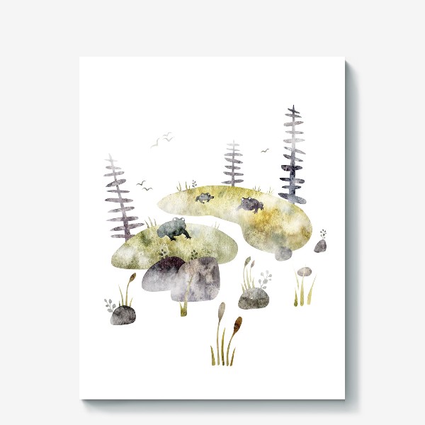 Холст &laquo;Акварельная нарисованная вручную яркая иллюстрация для детей, лягушки на кочках, сказочное болото, ели, камыш, туман&raquo;