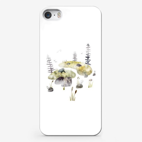 Чехол iPhone &laquo;Акварельная нарисованная вручную яркая иллюстрация для детей, лягушки на кочках, сказочное болото, ели, камыш, туман&raquo;