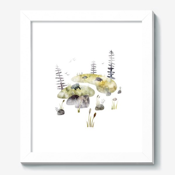Картина «Акварельная нарисованная вручную яркая иллюстрация для детей, лягушки на кочках, сказочное болото, ели, камыш, туман»