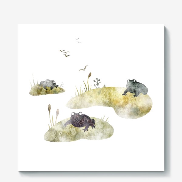 Холст «Акварельная нарисованная вручную яркая иллюстрация для детей, лягушки на кочках, сказочное болото, камыш, туман»