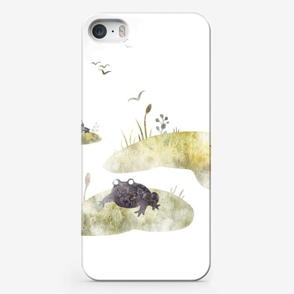 Чехол iPhone «Акварельная нарисованная вручную яркая иллюстрация для детей, лягушки на кочках, сказочное болото, камыш, туман»