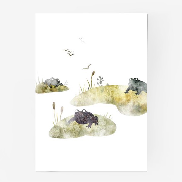 Постер «Акварельная нарисованная вручную яркая иллюстрация для детей, лягушки на кочках, сказочное болото, камыш, туман»