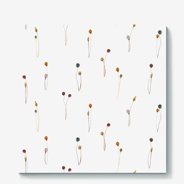 Холст «Акварельный нарисованный вручную бесшовный фон с яркими иллюстрациями простых растений колосков, травинок, цветов»