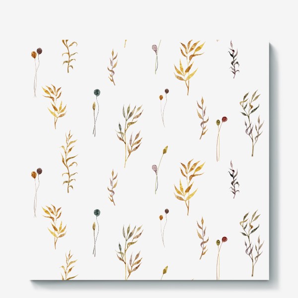 Холст «Акварельный нарисованный вручную бесшовный фон с яркими иллюстрациями простых растений колосков, травинок, цветов. Рожь»