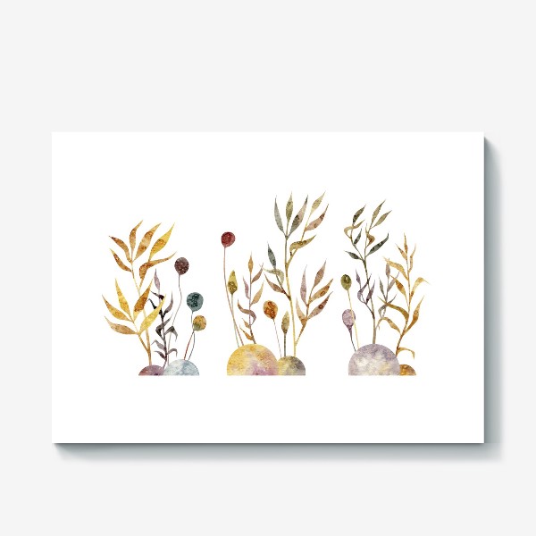Холст &laquo;Акварельная нарисованная вручную яркая иллюстрация с простыми растениями-колоски, травинки, цветы на кочках. Рожь&raquo;