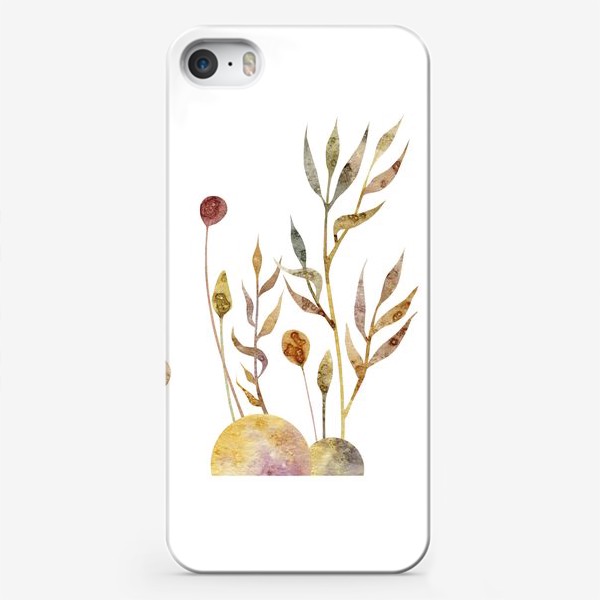 Чехол iPhone &laquo;Акварельная нарисованная вручную яркая иллюстрация с простыми растениями-колоски, травинки, цветы на кочках. Рожь&raquo;