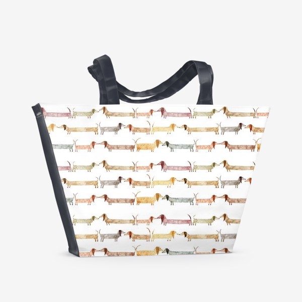 Пляжная сумка &laquo;Акварельный нарисованный вручную бесшовный фон с яркими иллюстрациями собак такс&raquo;
