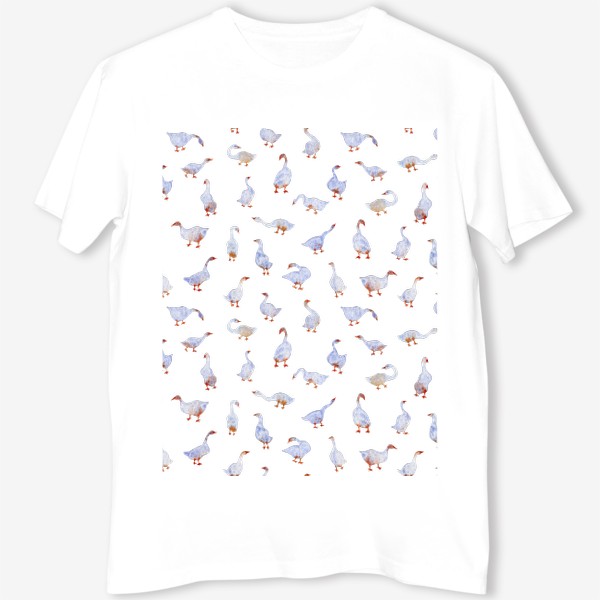 Футболка &laquo;Акварельный нарисованный вручную бесшовный фон с яркими иллюстрациями голубых гусей, лебедей с красными лапами. Птицы&raquo;
