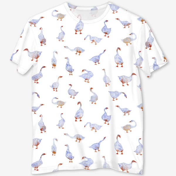 Футболка с полной запечаткой &laquo;Акварельный нарисованный вручную бесшовный фон с яркими иллюстрациями голубых гусей, лебедей с красными лапами. Птицы&raquo;