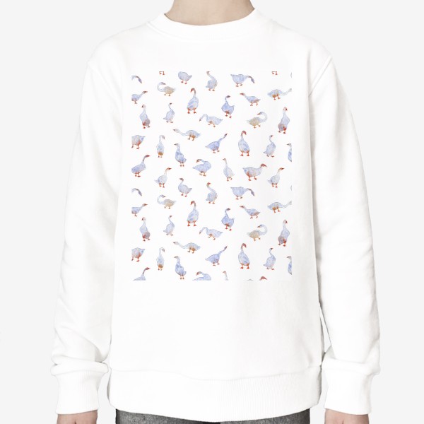 Свитшот «Акварельный нарисованный вручную бесшовный фон с яркими иллюстрациями голубых гусей, лебедей с красными лапами. Птицы»