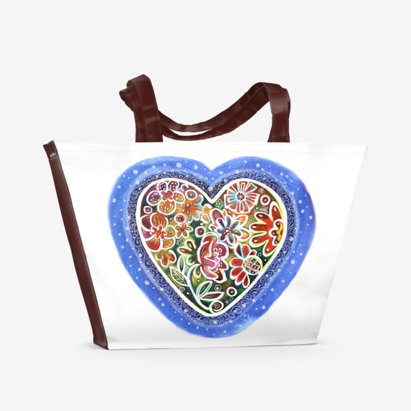 Пляжная сумка &laquo;Ко Дню всех влюблённых. Весенние цветы в сердечке. Акварель.&raquo;